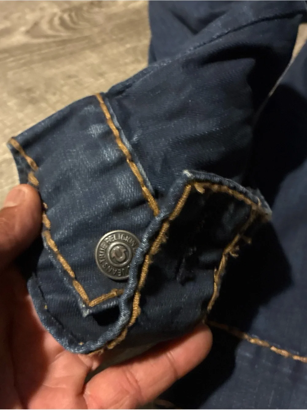 True Religion Men’s Denim Trucker Jacket XXL Big T Thick Stitch Blue Button Up
